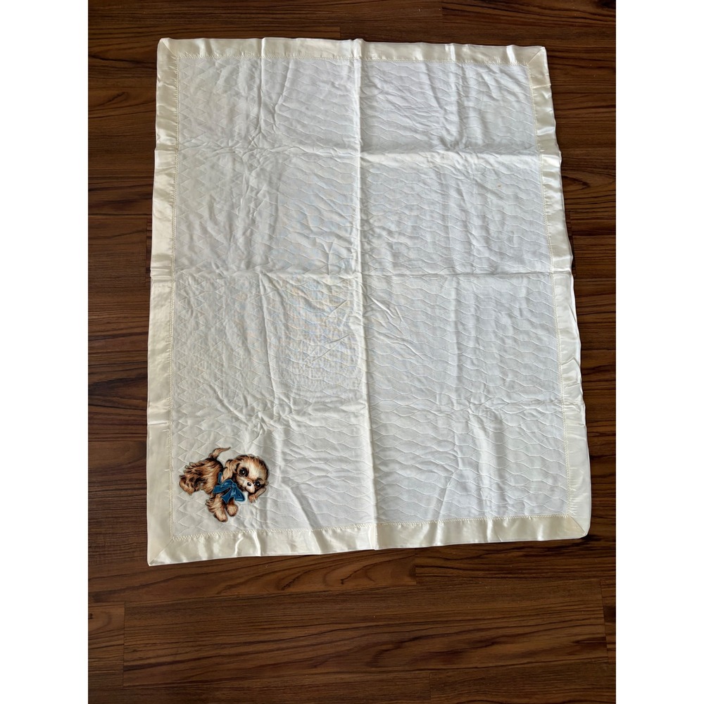 Vintage cream baby blanket puppy satin lined